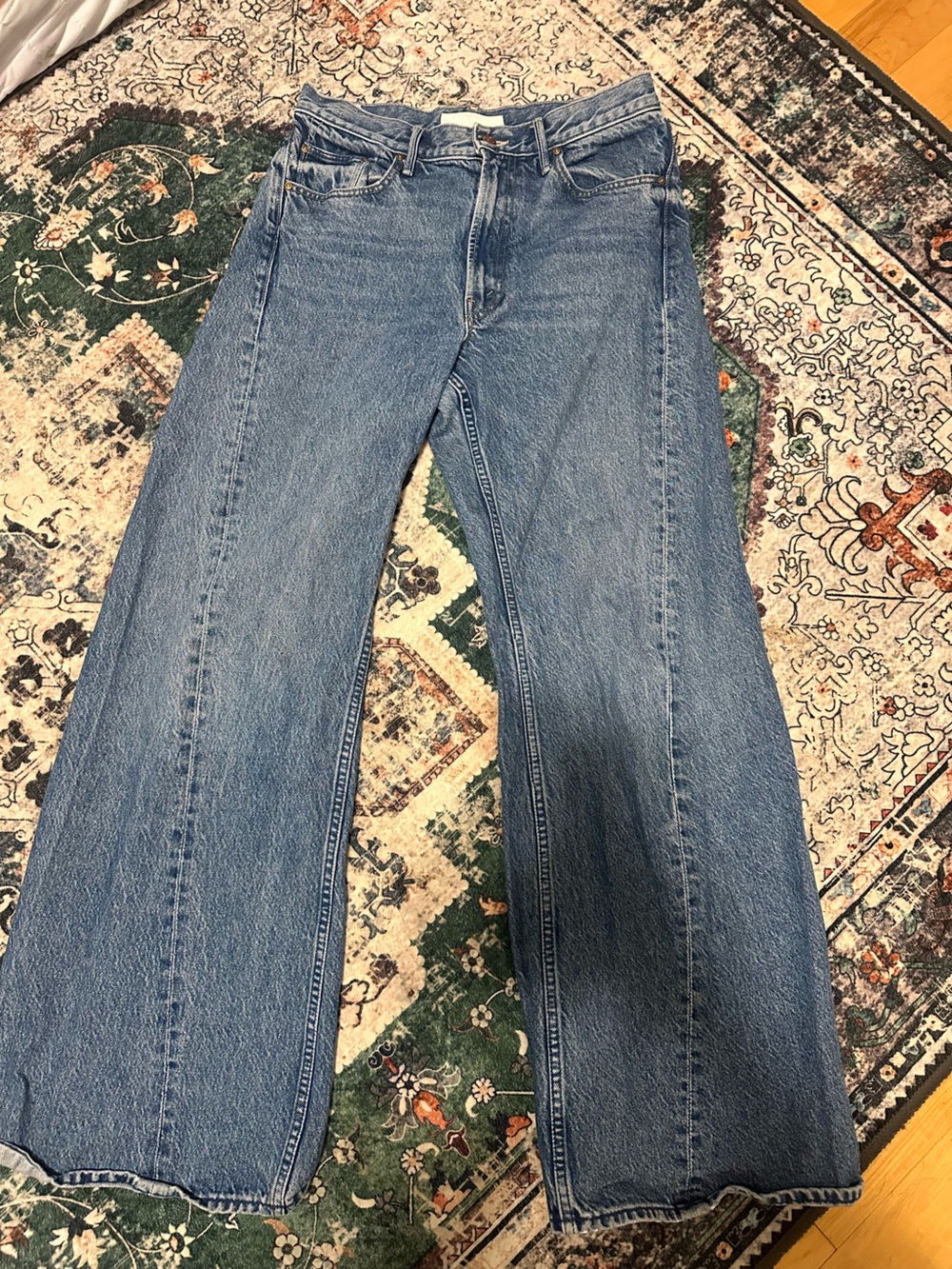 MOTHER Wide Straight Jeans in Medium Blue Wash